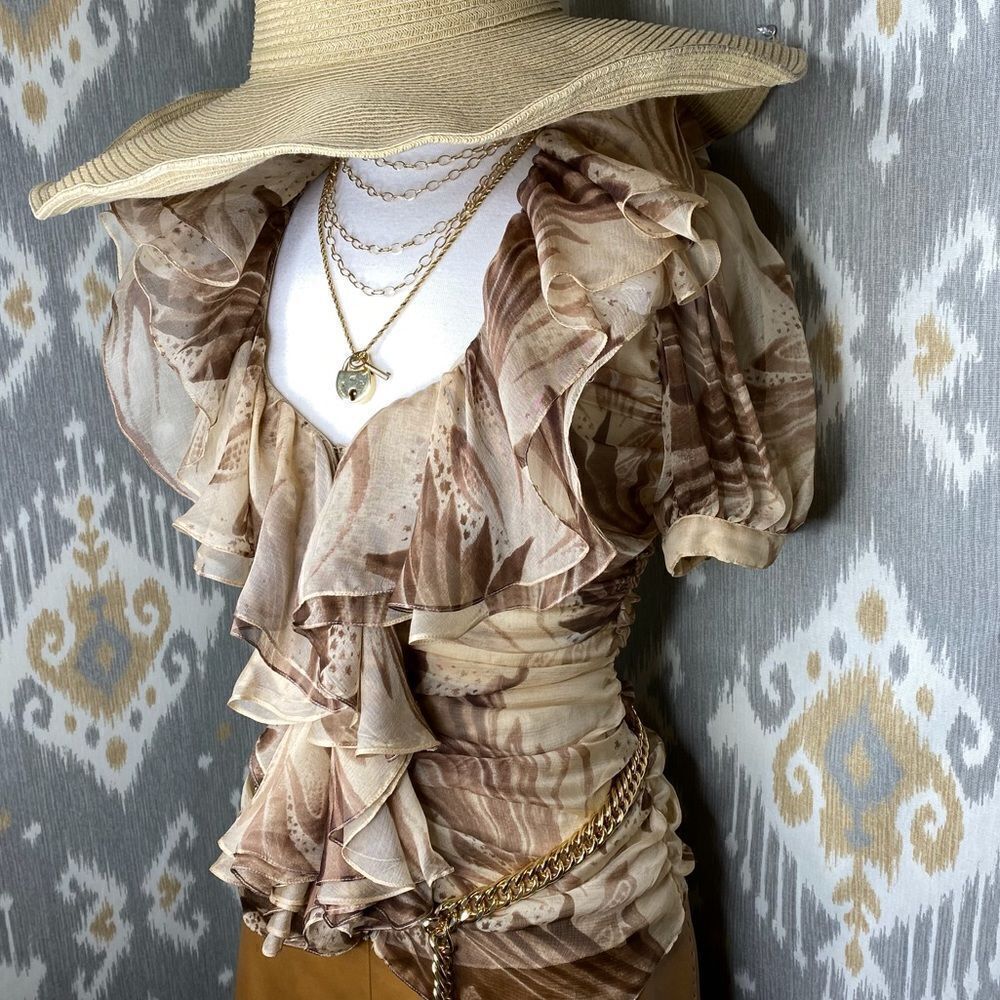 Ralph Lauren Brown Havana Print Silk Ruffle Blouse - Picture 5 of 16